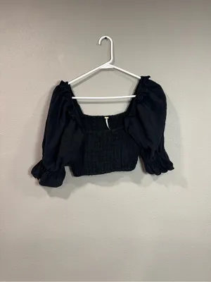 Free People Black Smocked Square-Neck Crop Top thumbnail 2
