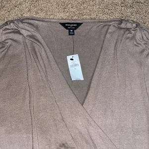 Banana Republic Soft Luxe‎ Ruched Faux Wrap Midi Dress Mocha Latte Medium thumbnail 4