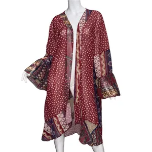 Boho Patchwork Bell Sleeve Sheer Duster‎ Cardigan Festival Hippie Cottagecore thumbnail 2