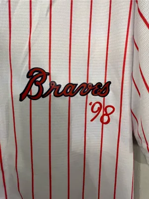98’ Braves wallen 98White Button Baseball Jersey with Red Pinstripes thumbnail 3