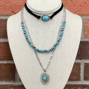 Cutout Concho Necklace Set with Faux Turquoise & Navajo Style Pearls thumbnail 1