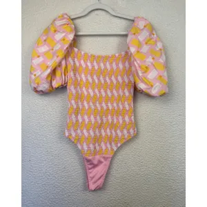 Zara Bodysuit Womens Medium Pink Puff Sleeve Geometric Smocked Babydoll Milkmaid thumbnail 3