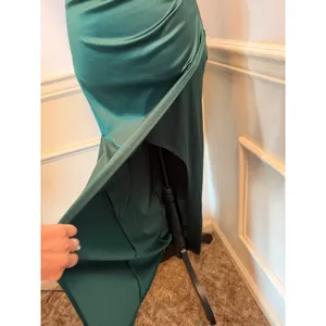 Emerald Green Satin Surplice Midi Dress with Slit Jewel Tone Wedding Guest thumbnail 4