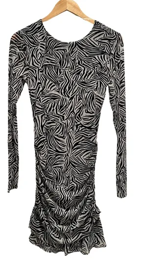 Sanctuary Lets Party Mesh Dress Zebra Print Ruched Long Sleeve Medium NWT Mini‎ thumbnail 1