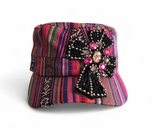 Y2K Boho Chic Kitschy Gypsy Hippie Aztec Western Beaded cross messenger cadet military newspaper baker boy cap hat thumbnail 1