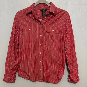 Lauren Ralph Lauren Red Navy Striped Button Up Shirt Cotton Womens S thumbnail 2