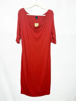Peruvian Connection Draped Neck Stretch Jersey Midi Dress Rust Red Minimalist thumbnail 3