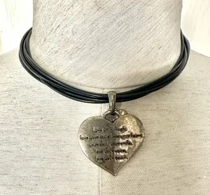 Silver tone double heart pendant necklace on black cord thumbnail 1