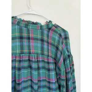 Anthropologie Pilcro Cropped Puff-Sleeve Soft Crinkle Green Plaid‎ Blouse Small thumbnail 12