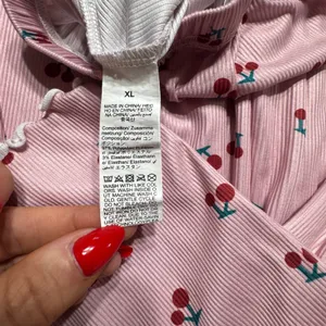 Pink Cherry Print Ribbed Pajama Set Lace Trim Lettuce Edge XL Loungewear thumbnail 2