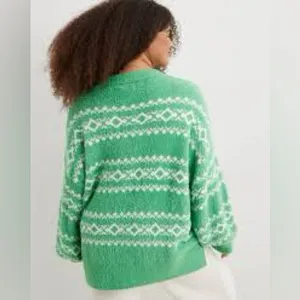 NWOT Aerie Flurry Oversized Crew Neck Green White Sweater thumbnail 2
