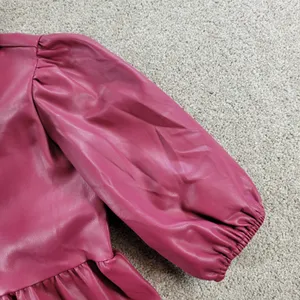 Karlie Womens Faux Leather Dress S Red Puff Sleeve Tiered Button Front Collared thumbnail 10
