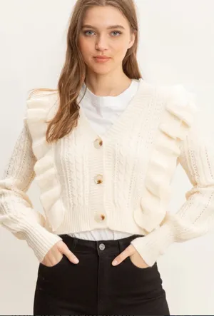 Avara Voy Cream Ruffle-Front Knit‎ Crop Cardigan Size Small thumbnail 1