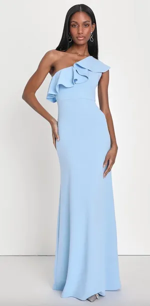 Lulus Last Forever Powder Blue One-Shoulder Ruffle Maxi Dress Formal Small NWT thumbnail 1