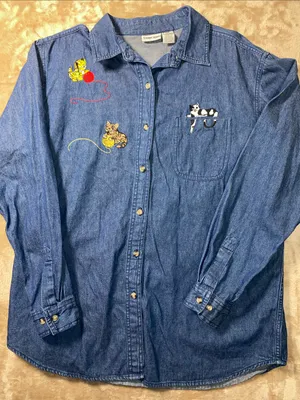 Vintage Cabin Creek Blue Denim Button-Down Shirt with Cat Embroidery thumbnail 1