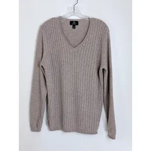 Heather Brown Cashmere Cable Knit V-Neck Sweater Taupe Lands' End L 14-16 thumbnail 2