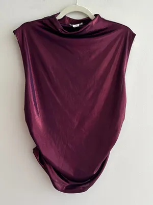Maeve by Anthropologie Mock-Neck Ruched Shine Tank, Plum/Prune, Size Large thumbnail 3