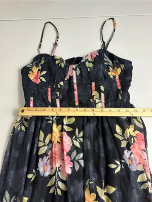 Lulus Elegant Radiance Classic Black Floral Print Ruffled Bustier Midi Dress M thumbnail 10