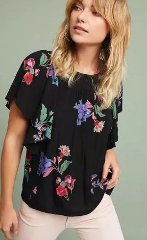 Maeve Black Floral Blouse Top Flowy Short Sleeve Top Size Large thumbnail 1