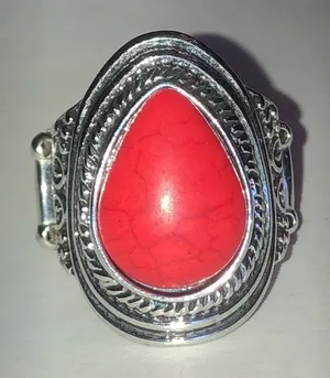 Red Teardrop Stone Silver Tone Boho Statement Ring thumbnail 1