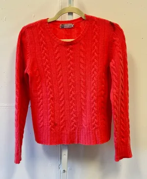 Calypso Christiane Celle 100% Cashmere Cable Knit Crewneck Sweater Coral Pink Sm thumbnail 1