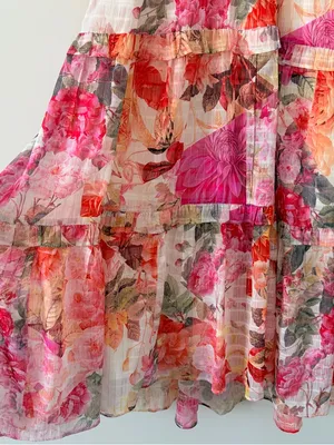 Vince Camuto Pink White Sleeveless Floral Chiffon Ruffle Tiered Midi Dress 6 thumbnail 4