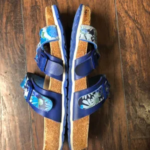 Papillio Birkenstock Blue Floral Tropical Garden Slides Sandals Criss Cross Double Triple Band #Boho #Beach #Vacation #Summer #Resort Women 7 Size 38 thumbnail 3