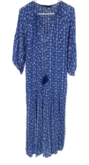 Zara Semi Sheer Blue White Floral‎ Tassel Tie Midi Dress Size S Small Boho Flowy thumbnail 1