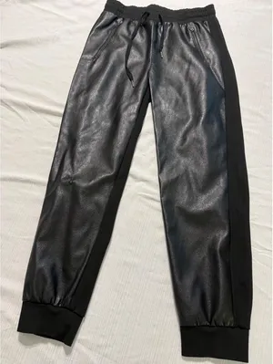 Fate Faux Leather Front Jogger Pants Black Mixed Media Drawstring Size L‎ thumbnail 1