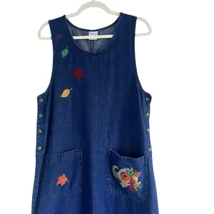 Westbound VTG Denim Jumper midi dress Pumpkin Fall Harvest print Size M Thanksgiving 90's thumbnail 6