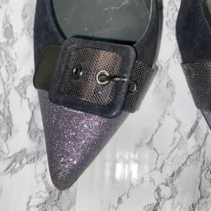 Stuart Weitzman Barrington Black Purple Glitter Buckle Heels Women's Size 9 thumbnail 6