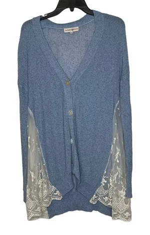 Altar'd State Cardigan Sweater Size Small Blue With White‎ Floral Lace Sides thumbnail 1