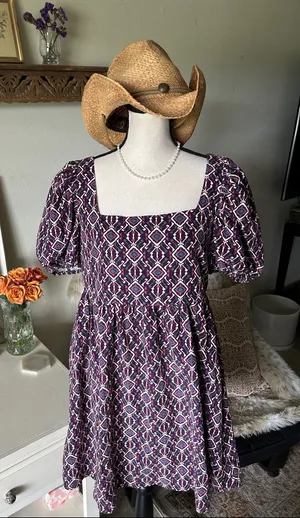 Anthropologie Boho cottage purple corduroy cotton puff sleeve square neck babydoll dress L thumbnail 1