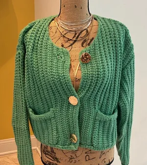 Green Chunky Knit Cardigan Sweater with Gold Buttons thumbnail 1