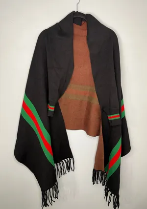 Source Unknown Fringe Shawl Red Green Stripes Black One Size Fall Stylish Wrap thumbnail 1