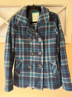 Vintage Y2K Aeropostale Medium Plaid Wool Blend Peacoat Womens M Double Breasted thumbnail 1