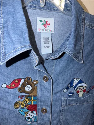 Vintage Christmas Toys Embroidered Denim Shirt Cottagecore Teacher Teddy Bear thumbnail 2