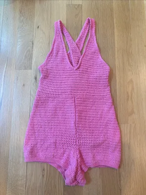 Free People Romper Clear Skies Pink Crochet Beach Size XS thumbnail 2