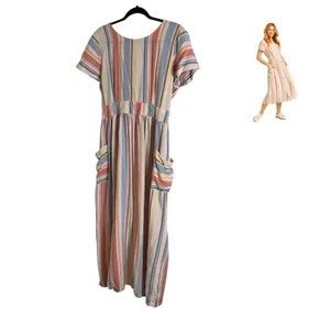 a.n.a Striped Linen Blend Midi Dress Open Back Pockets Women’s Size M thumbnail 13