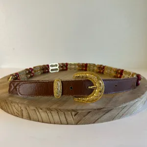 EXPRESS Vintage Brown Genuine Leather Beaded Weaved Link Gold Buckle Belt Size S/M thumbnail 11