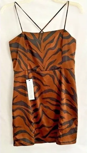 Topshop womens satin‎ Brown/Black Animal print slip dress w/straps 10 NWT thumbnail 1