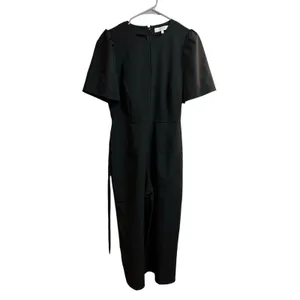 Lark & Ro Women's Puff Sleeve Split Neck Belted Crop Length Jumpsuit Black 6 thumbnail 3