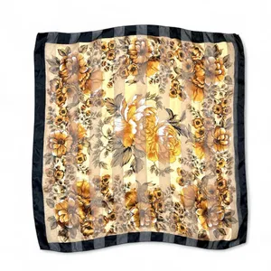 Vintage Black Gold Floral Stripe Square Sheer Fashion Scarf thumbnail 1