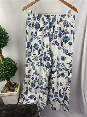 Ella Moss Linen Blend Blue & White Floral Print Casual Cropped Capri Pants M thumbnail 3