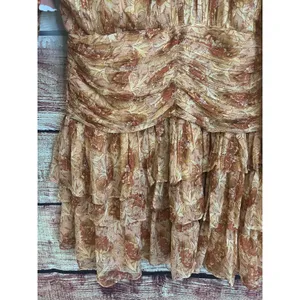 Anthropologie Ella Dress Sz 14 Floral Mini Tiered Ruffle Balloon Sleeve Gold thumbnail 7
