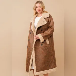 Faux leather teddy shearling long coat in chestnut thumbnail 3