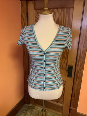 Vintage 90s Rainbow Striped Button Front Fitted Top Baby Tee thumbnail 5