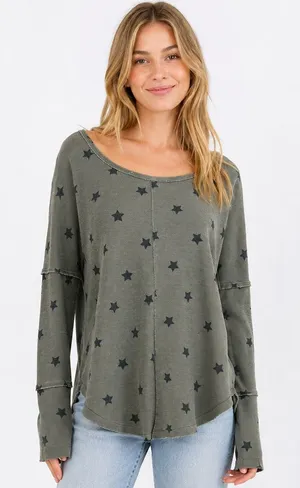 Lucky Brand Small Olive Star Print Waffle Knit Thermal Top Bohemian Casual thumbnail 1
