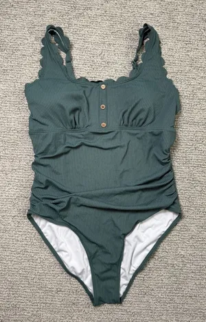 Wishlist Green Ribbed Scalloped One‎ Piece Swimsuit Henley Button Front Ruched Size L thumbnail 1
