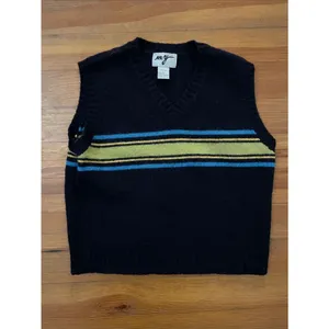 Vintage M.Y. Sportswear Wool Sweater Vest Womens Large Navy Blue Lime Striped thumbnail 3